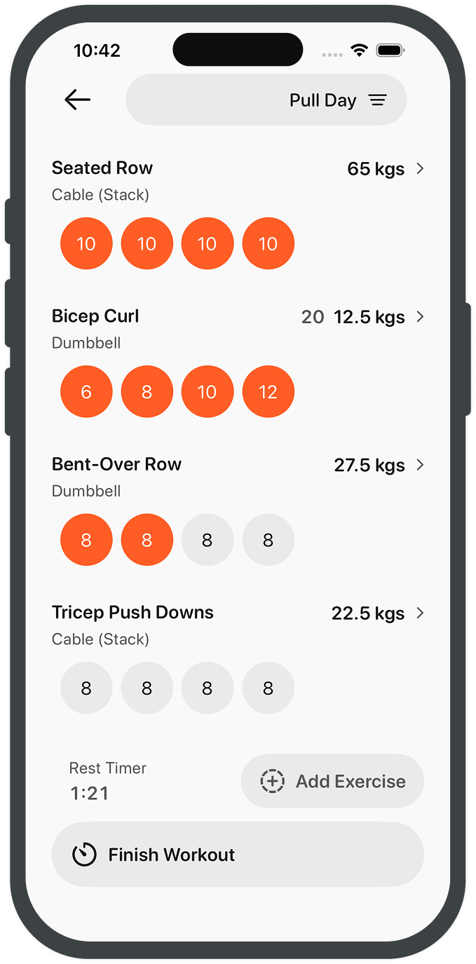 Workout logging screen with sets, reps, and weight entry