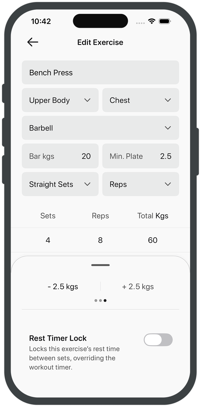 Edit exercise screen for adjusting name, sets, and rest defaults