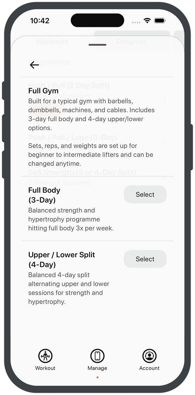 Starter programme list with beginner and intermediate options
