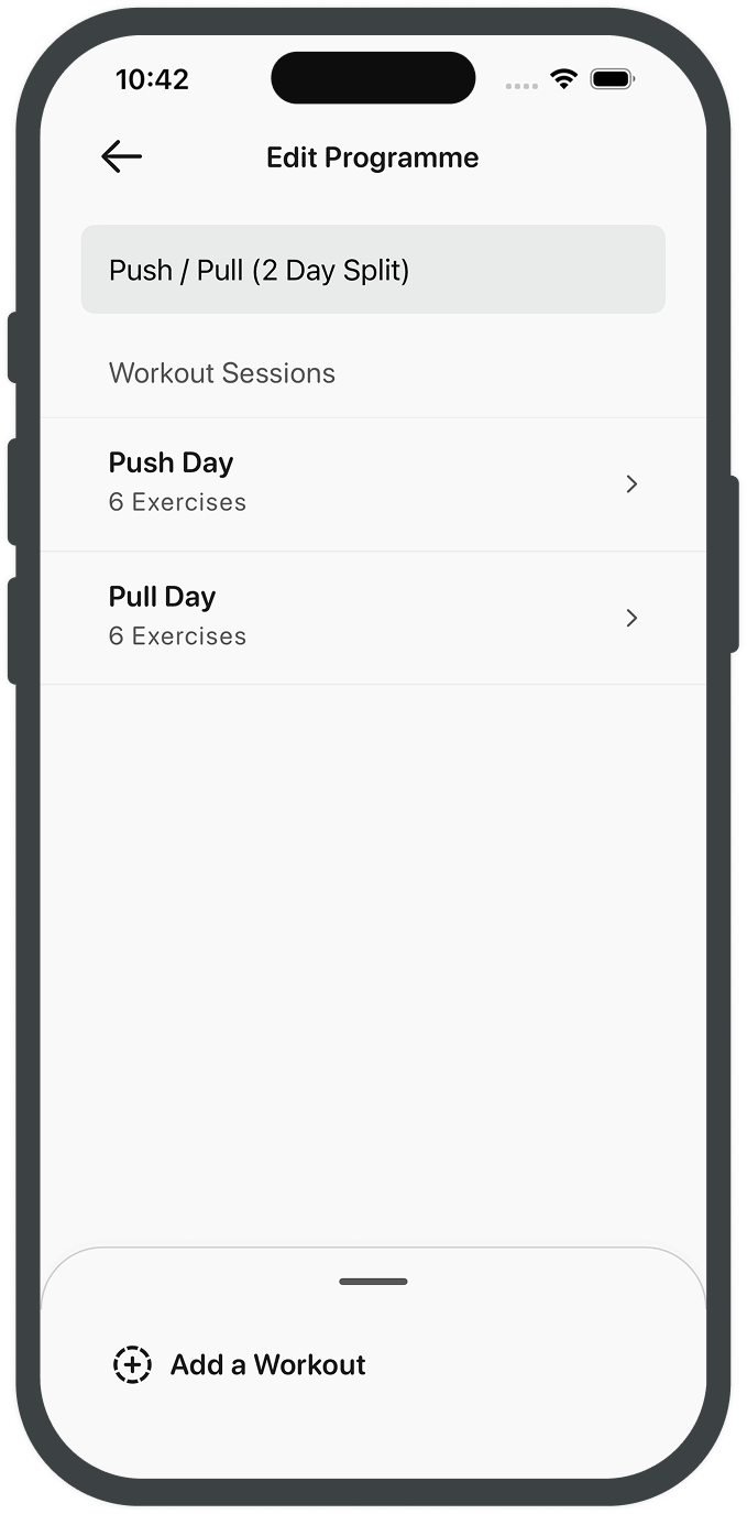 Workout structure screen showing sessions within a programme