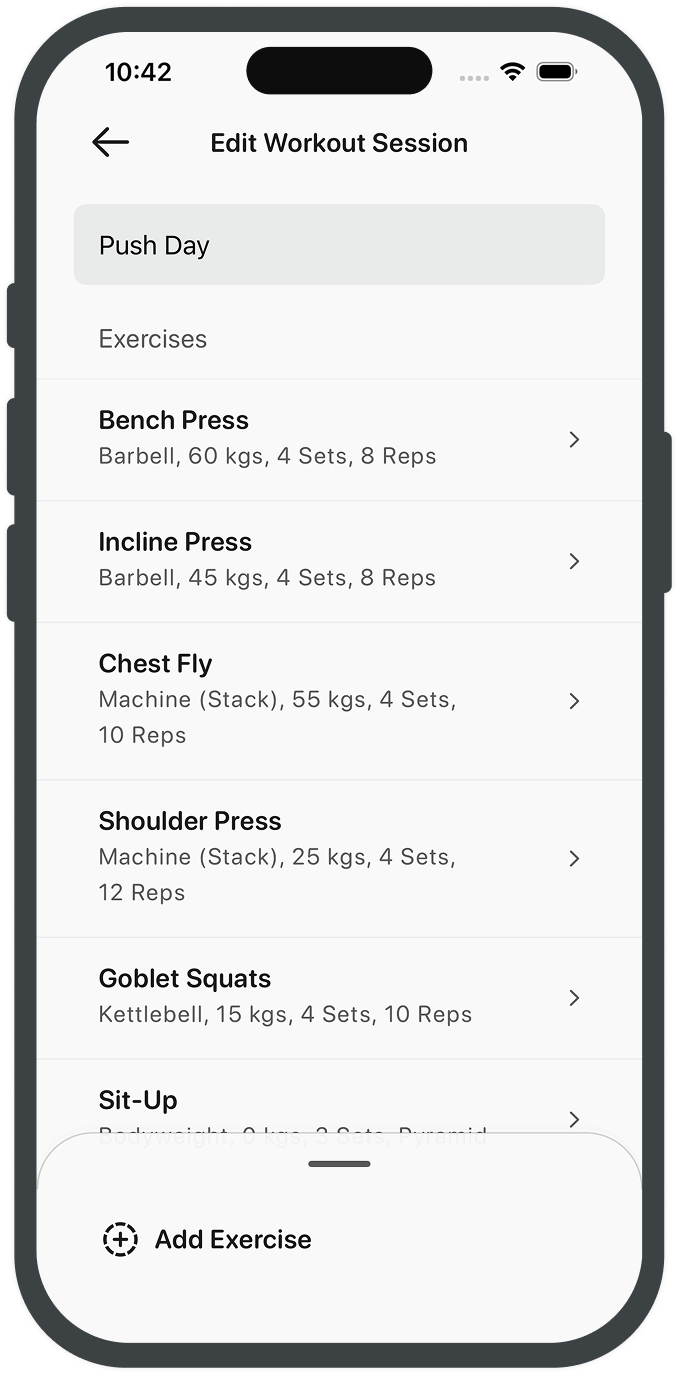 Session planner with exercise sequence and set configuration