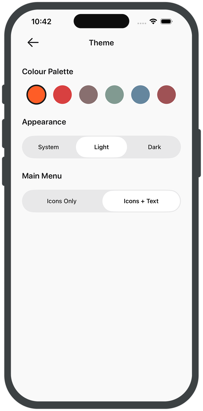 Theme selection screen with light and dark mode preview