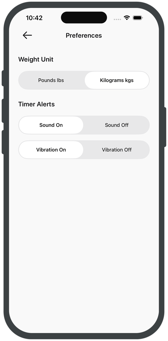 Preferences screen for units, defaults, and app behavior